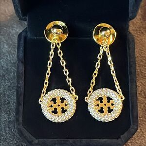 Tory Burch Dangle Chain Crystal Earrings 18YG plated